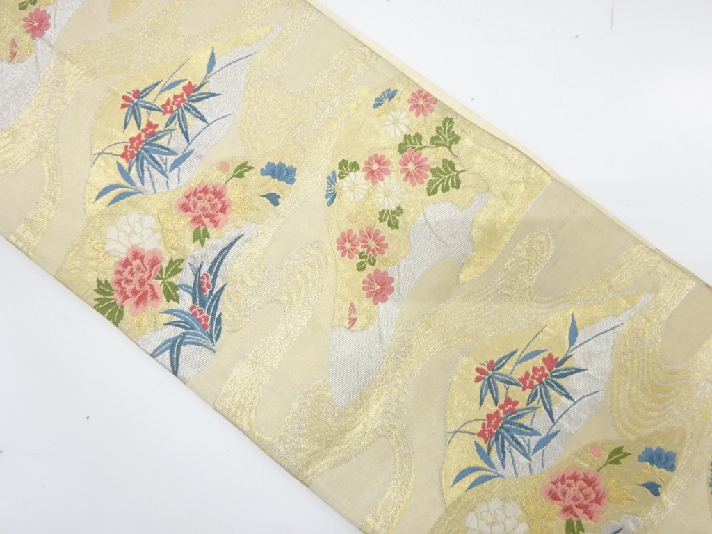 JAPANESE KIMONO / ANTIQUE FUKURO OBI / WOVEN STREAM & FLOWER